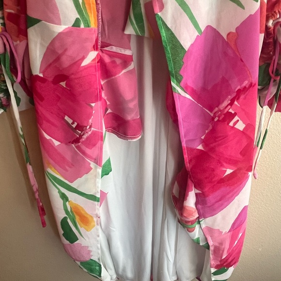 Bright Pink Floral Tiered Casual Dress with Green Accents - Women's - Picture 8 of 9